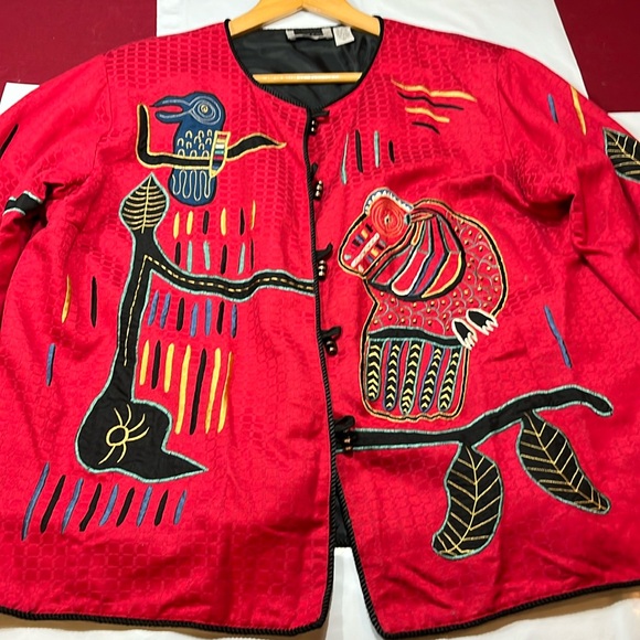 Maggie Barnes RED BIRD artsy button up BLAZER Art to wear,TOTEM pole shapes 3XL - Picture 5 of 16
